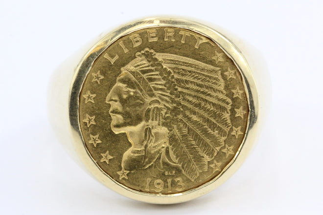 14K Gold US 1913 $2.50 Gold Indian Quarter Eagle Coin Ring Size 10.75 - Queen May