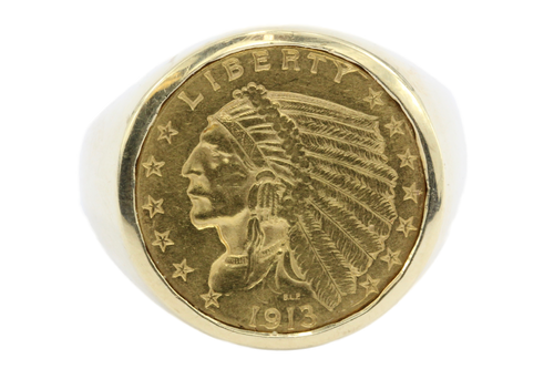 14K Gold US 1913 $2.50 Gold Indian Quarter Eagle Coin Ring Size 10.75 - Queen May