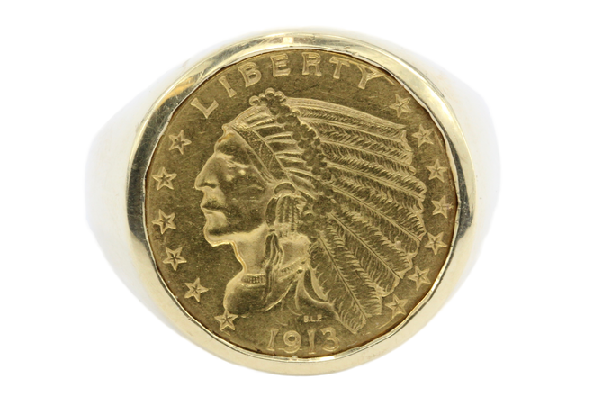 14K Gold US 1913 $2.50 Gold Indian Quarter Eagle Coin Ring Size 10.75 - Queen May