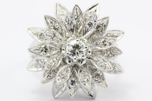 Retro 14K White Gold Diamond Floral Star Burst Ring c.1950's - Queen May
