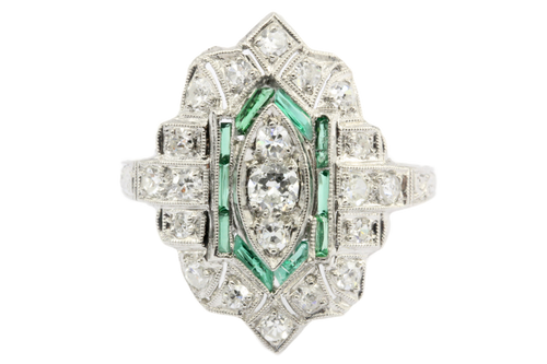 Art Deco Platinum Old European Cut Diamond Emerald Ring c.1920's - Queen May