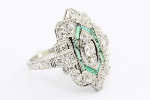 Art Deco Platinum Old European Cut Diamond Emerald Ring c.1920's - Queen May