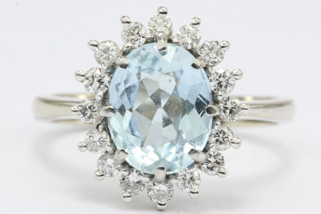 14K White Gold Diamond & 2 Carat Aquamarine Halo Ring - Queen May