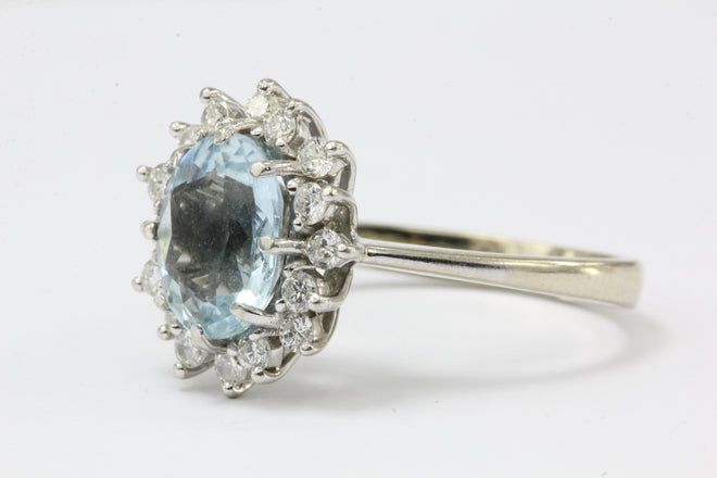 14K White Gold Diamond & 2 Carat Aquamarine Halo Ring - Queen May