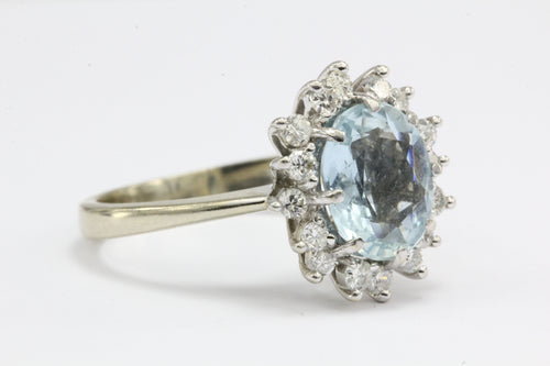 14K White Gold Diamond & 2 Carat Aquamarine Halo Ring - Queen May