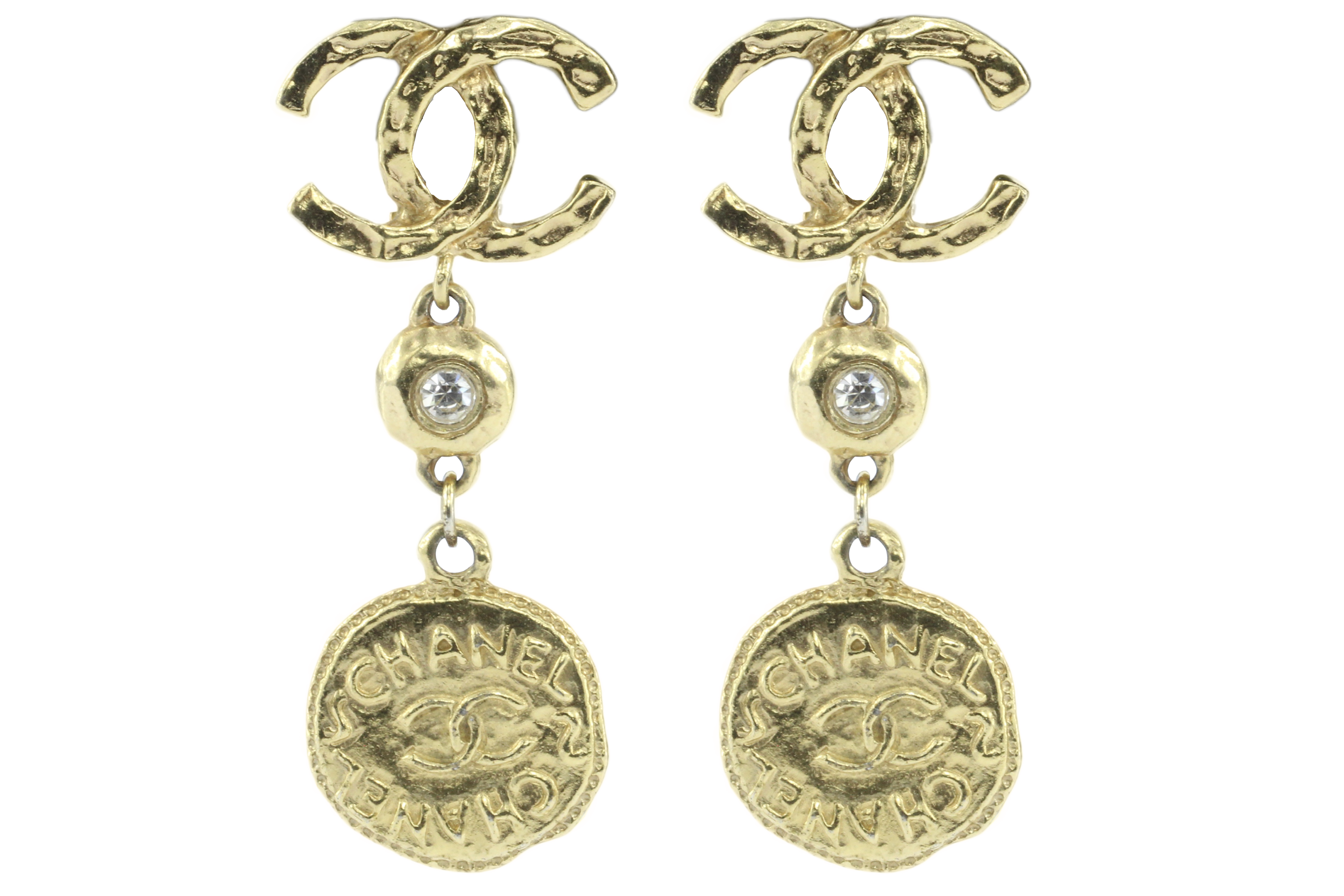 Vintage Chanel Gold Tone CC Crystal Coin Clip-On Earrings