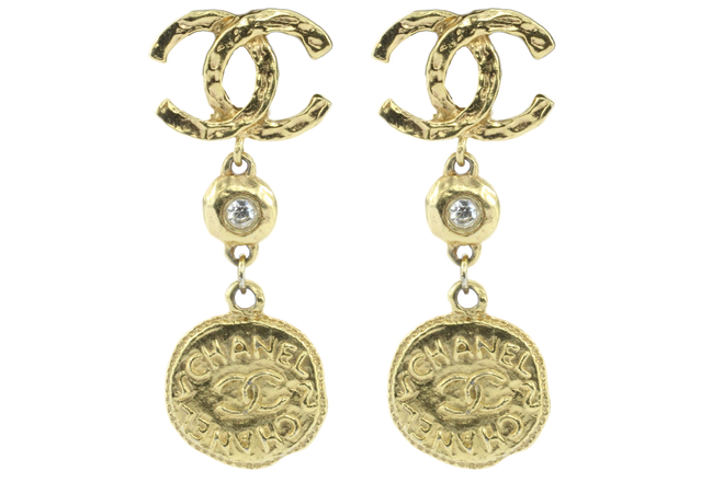 Vintage Chanel Gold Tone CC Crystal Coin Clip-On Earrings - Queen May