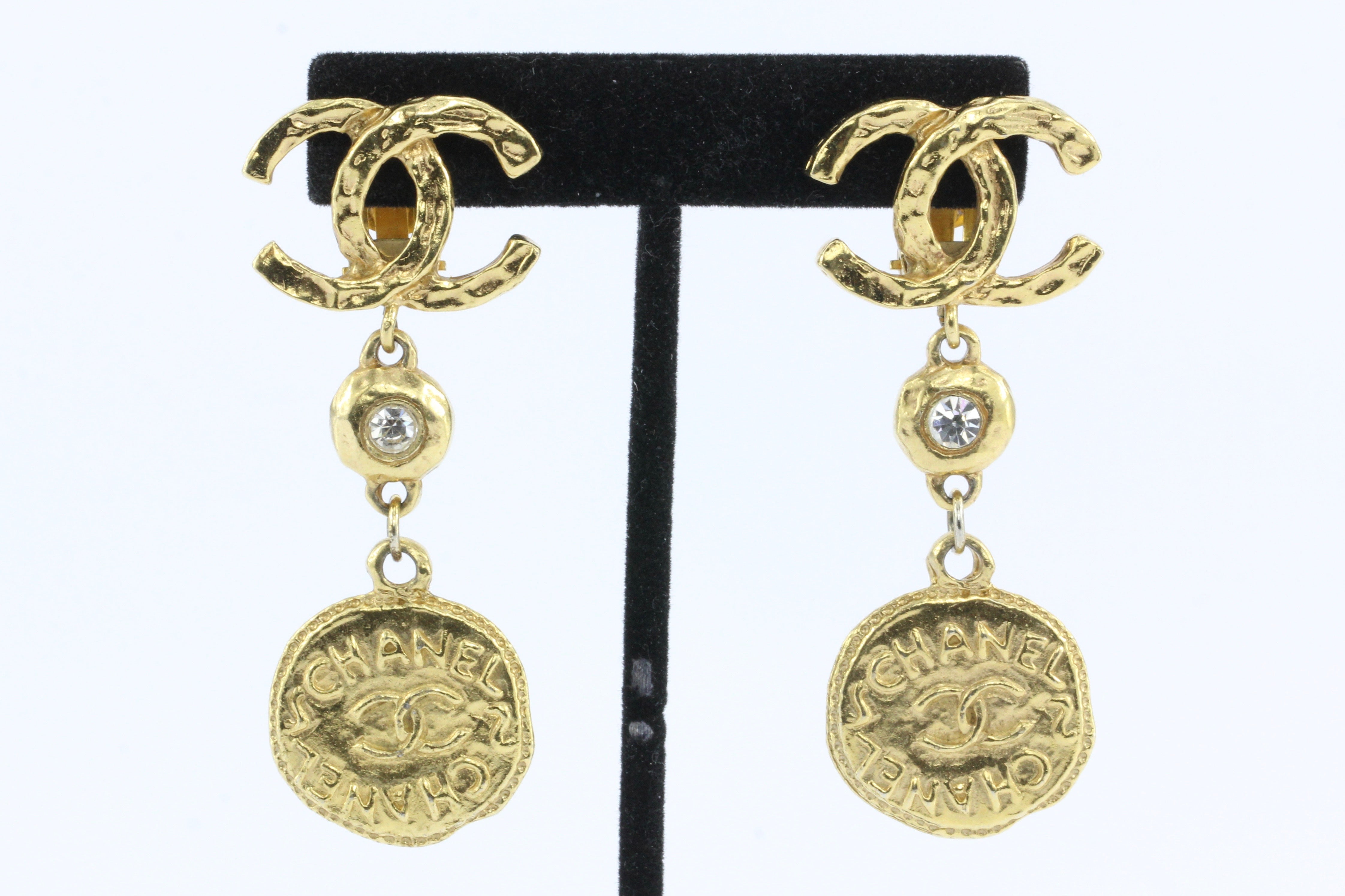 Vintage Chanel Gold Tone CC Crystal Coin Clip-On Earrings – QUEEN MAY