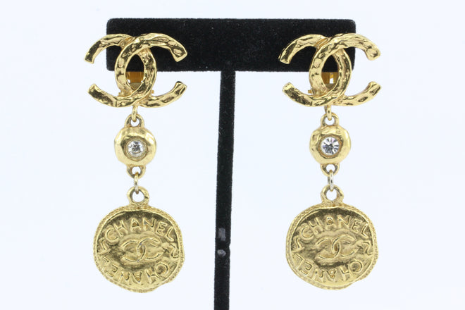 Vintage Chanel Gold Tone CC Crystal Coin Clip-On Earrings - Queen May