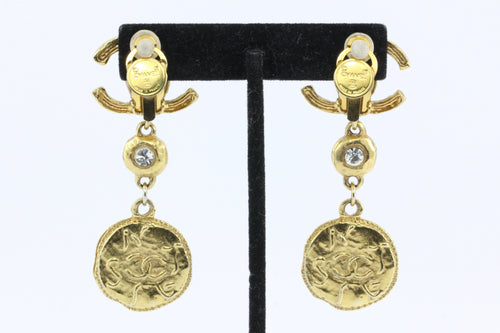 Vintage Chanel Gold Tone CC Crystal Coin Clip-On Earrings - Queen May