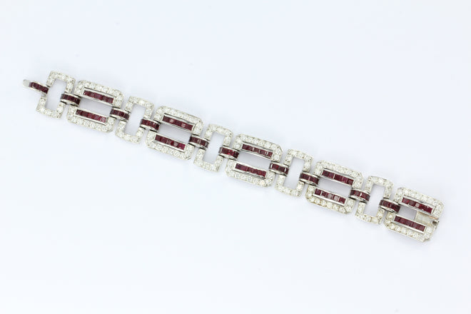 18K White Gold Ruby & Diamond Oval Link Tennis Bracelet 26 CTW - Queen May