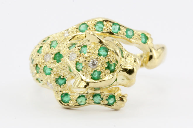 14K Gold Emerald & Diamond Panther Ring Size 6.75 - Queen May