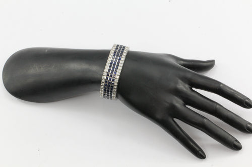 18K White Gold Diamond & Blue Sapphire Wide Tennis Bracelet 30 CTW - Queen May