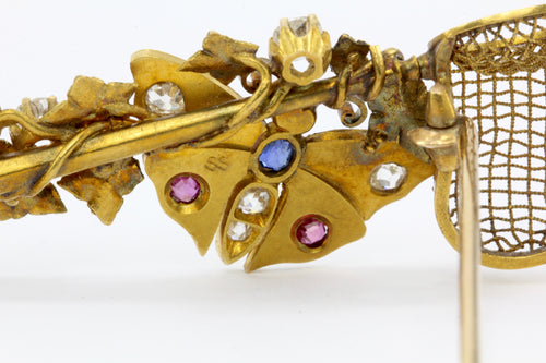 Victorian 14K Gold Old Mine Diamond Ruby & Sapphire Butterfly Net Ivy Brooch - Queen May