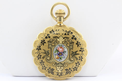 18K Gold Enamel 1883 pocket Watch by Western Watch Case Rockford Movement - Queen May