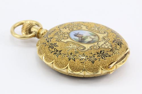 18K Gold Enamel 1883 pocket Watch by Western Watch Case Rockford Movement - Queen May