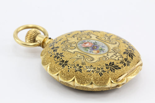 18K Gold Enamel 1883 pocket Watch by Western Watch Case Rockford Movement - Queen May