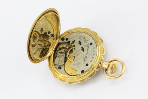 18K Gold Enamel 1883 pocket Watch by Western Watch Case Rockford Movement - Queen May