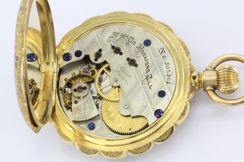 18K Gold Enamel 1883 pocket Watch by Western Watch Case Rockford Movement - Queen May