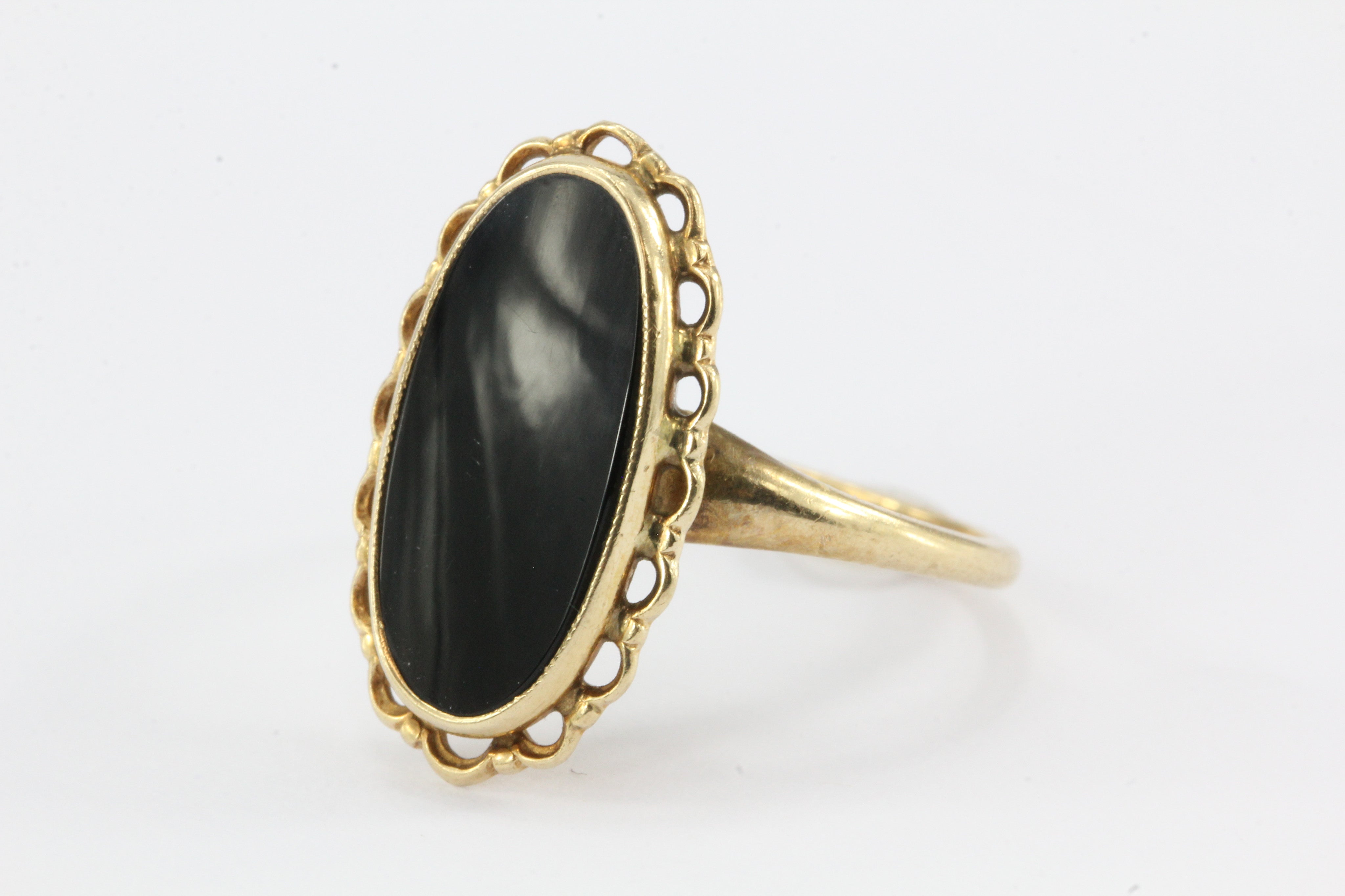 Victorian Revival 10k Black Onyx Ring by Plainville Stock Co. c.1930's