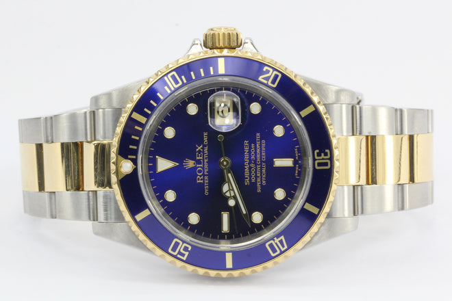 2005 Rolex Submariner 16613 Two Tone Steel 18K Gold Blue Sel No Holes Watch - Queen May