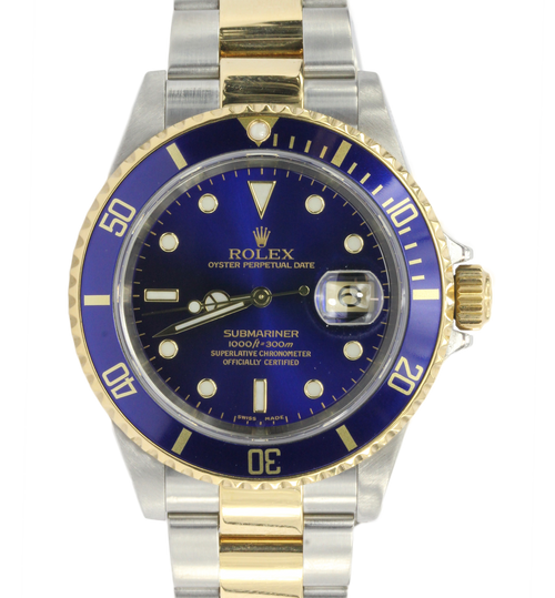 2005 Rolex Submariner 16613 Two Tone Steel 18K Gold Blue Sel No Holes Watch - Queen May