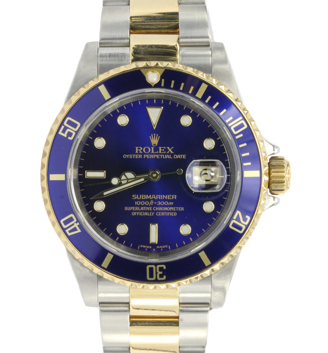 2005 Rolex Submariner 16613 Two Tone Steel 18K Gold Blue Sel No Holes Watch - Queen May