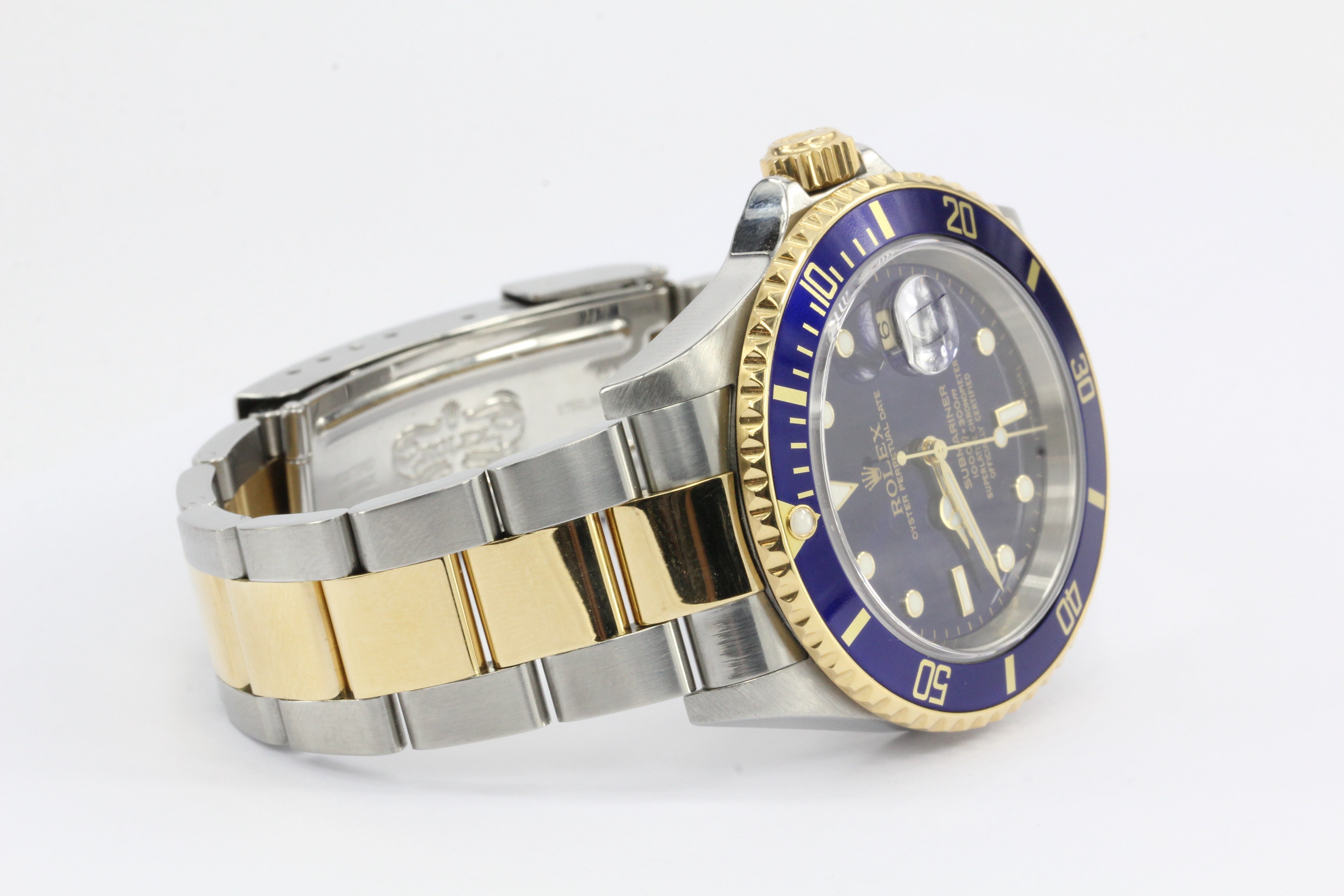 2005 Rolex Submariner 16613 Two Tone Steel 18K Gold Blue Sel No Holes Watch