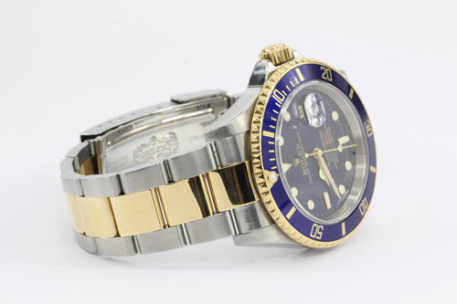 2005 Rolex Submariner 16613 Two Tone Steel 18K Gold Blue Sel No Holes Watch - Queen May