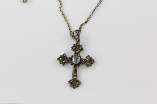 Vintage Sterling Silver Marcasite & Swiss Blue Topaz Budded Cross #2 - Queen May