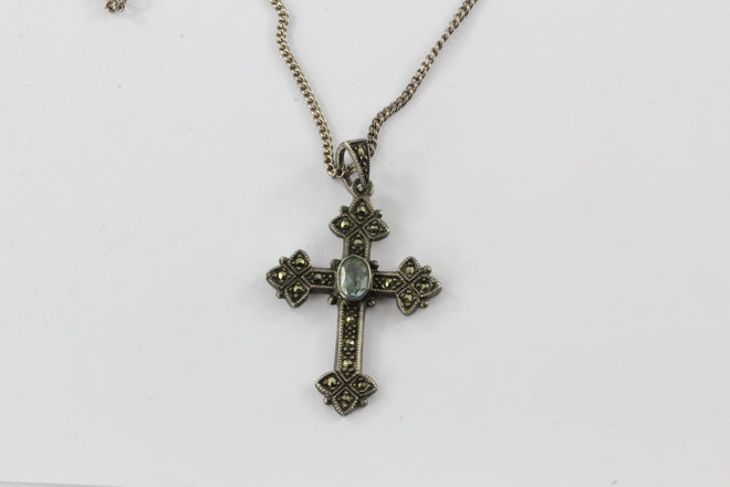 Vintage Sterling Silver Marcasite & Swiss Blue Topaz Budded Cross #2 - Queen May
