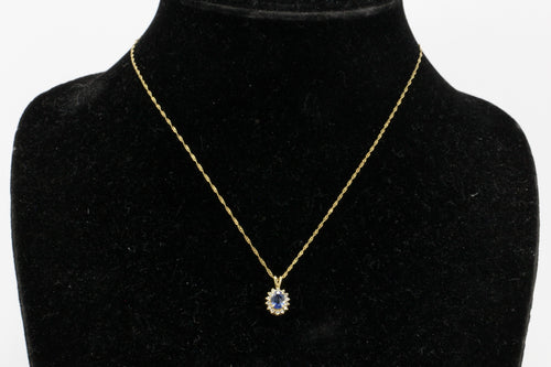 14K Yellow Gold Natural Unheated Intense Blue Sapphire and Diamond Pendant Necklace - Queen May