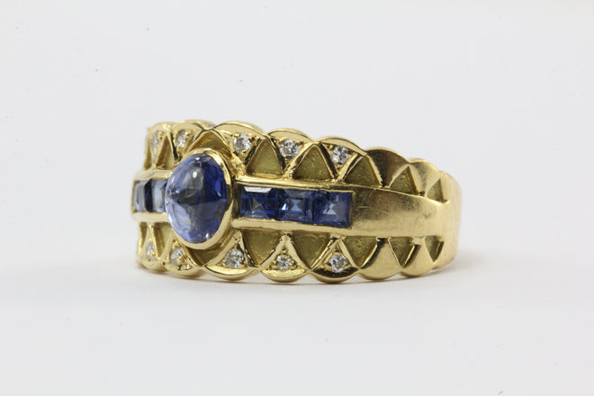 Vintage 18K Gold Sapphire & Diamond Ring Band - Queen May