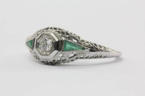 Antique Art Deco 18K White Gold Old European Cut Diamond Emerald Engagement Ring - Queen May