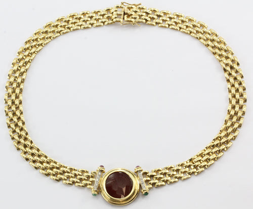 Vintage 14K Gold Greek Warrior Carnelian Cameo Diamond Emerald Ruby Necklace - Queen May