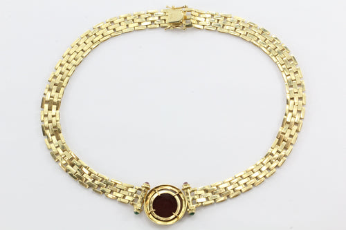 Vintage 14K Gold Greek Warrior Carnelian Cameo Diamond Emerald Ruby Necklace - Queen May