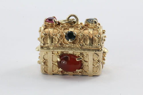 Vintage 14K Gold Gem Stone Studded Etruscan Treasure Chest Pendant Charm - Queen May