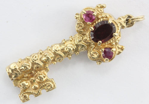 Vintage Chunky 14K Gold Garnet & Ruby Etruscan Key Pendant / Charm - Queen May