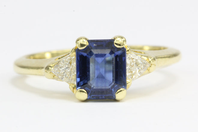 18K Gold 1 Carat Emerald Cut Blue Sapphire & Diamond Engagement Ring - Queen May