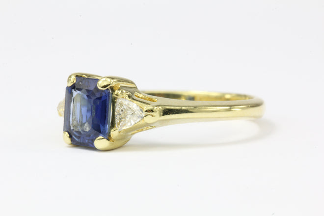 18K Gold 1 Carat Emerald Cut Blue Sapphire & Diamond Engagement Ring - Queen May