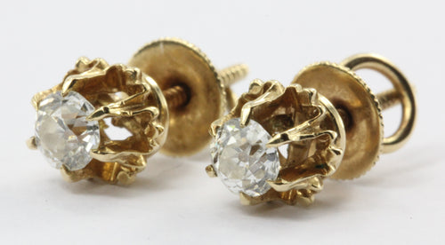 Antique 14K Gold 1/2 CTW Old European Cut Diamond Belcher Mount Stud Earrings - Queen May