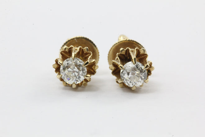 Antique 14K Gold 1/2 CTW Old European Cut Diamond Belcher Mount Stud Earrings - Queen May