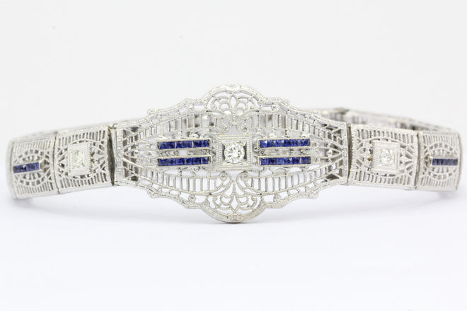 Antique Art Deco 14K White Gold & Platinum Diamond & Sapphire Bracelet - Queen May