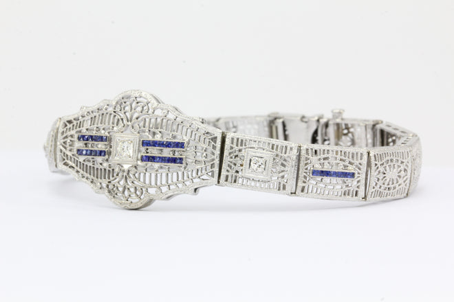 Antique Art Deco 14K White Gold & Platinum Diamond & Sapphire Bracelet - Queen May