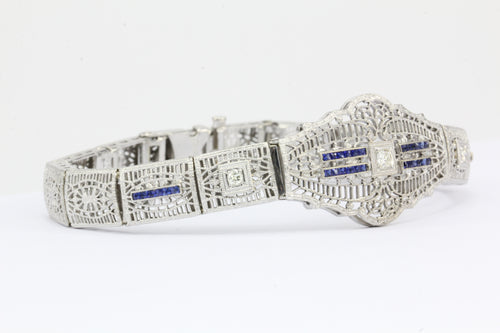 Antique Art Deco 14K White Gold & Platinum Diamond & Sapphire Bracelet - Queen May