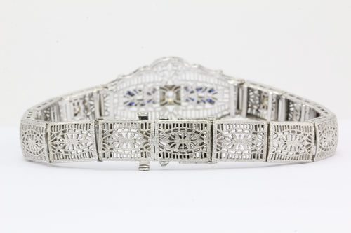 Antique Art Deco 14K White Gold & Platinum Diamond & Sapphire Bracelet - Queen May