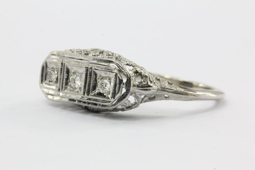 Antique Art Deco 18K White Gold & 3 Stone Diamond Engagement Ring - Queen May
