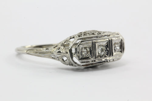 Antique Art Deco 18K White Gold & 3 Stone Diamond Engagement Ring - Queen May