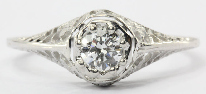 Antique 18K White Gold Art Deco Floral 1/4 Carat Diamond Engagement Ring - Queen May