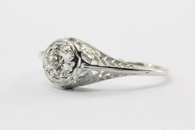 Antique 18K White Gold Art Deco Floral 1/4 Carat Diamond Engagement Ring - Queen May